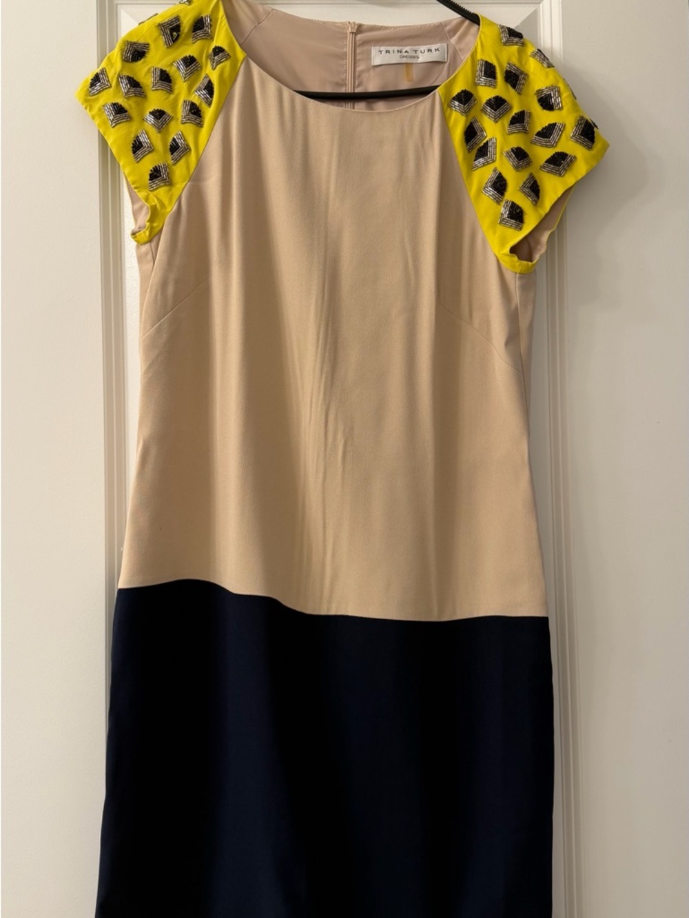 Trina Turk Beige, Black & Yellow Colorblock Shift Dress